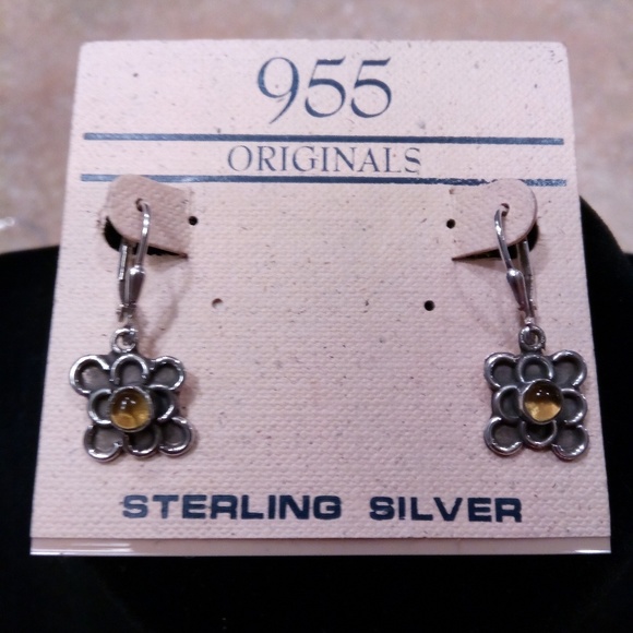 Sterling Earrings with Amber Stone - Picture 2 of 4